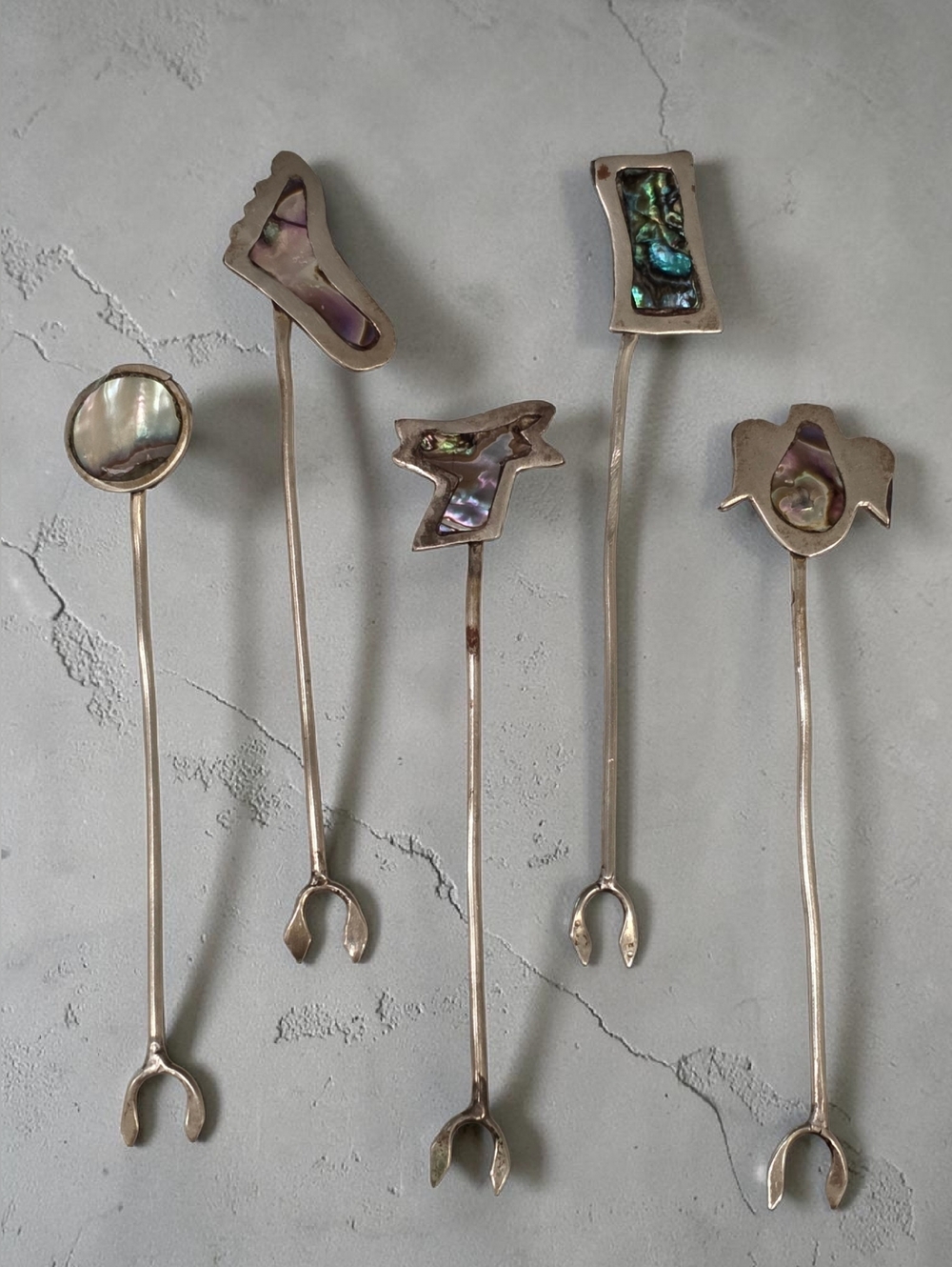 Vintage Set of  5 Southwestern Mexico Alpaca Silver Hors D'oeuvre/Cocktail Forks
